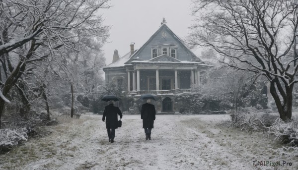 short hair,holding,standing,male focus,outdoors,multiple boys,sky,2boys,from behind,tree,umbrella,grass,building,child,scenery,snow,walking,holding umbrella,house,bare tree,muted color,tombstone,grey sky,church,graveyard,1girl,1boy,2girls,monochrome,greyscale,architecture,wide shot,winter,shrine,grey theme