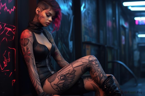 1girl,solo,breasts,short hair,thighhighs,cleavage,jewelry,medium breasts,sitting,closed mouth,closed eyes,pink hair,red hair,earrings,boots,sleeveless,blurry,lips,tattoo,makeup,night,blurry background,piercing,single thighhigh,ear piercing,eyeshadow,asymmetrical hair,nose,eyeliner,against wall,arm tattoo,undercut,facial tattoo,leg tattoo,mohawk,cyberpunk,neck tattoo,nose piercing,neon lights,looking at viewer,brown hair,gloves,shorts,alternate costume,black gloves,dark skin,fingerless gloves,scarf,black footwear,crossed legs,tank top,zipper,graffiti,full-body tattoo