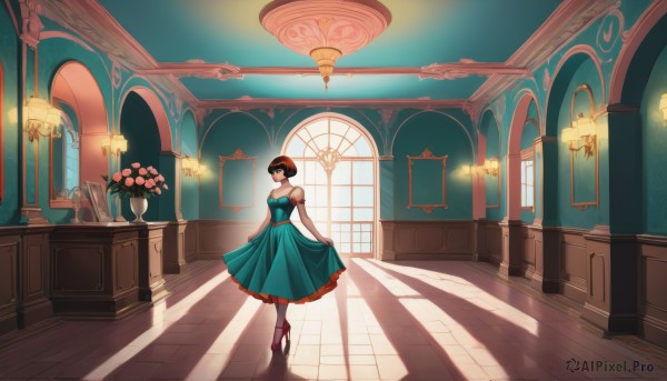 1girl,solo,breasts,looking at viewer,short hair,bangs,brown hair,black hair,dress,bare shoulders,standing,full body,flower,short sleeves,pantyhose,hairband,shoes,puffy sleeves,indoors,high heels,puffy short sleeves,window,strapless,blue dress,shadow,rose,table,sunlight,bob cut,plant,red footwear,scenery,pink flower,green dress,stairs,skirt hold,lamp,wide shot,vase,chandelier,smile,gloves,jewelry,medium breasts,closed mouth,earrings,elbow gloves,blunt bangs,profile,juliet sleeves,backlighting,wooden floor,door,potted plant,picture frame,carpet,flower pot,aqua dress,curtsey