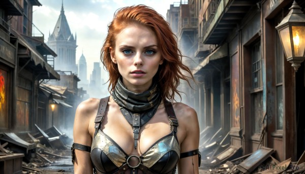 HQ,1girl,solo,long hair,breasts,looking at viewer,blue eyes,brown hair,cleavage,bare shoulders,medium breasts,upper body,red hair,outdoors,parted lips,sky,cloud,orange hair,armor,collar,lips,building,between breasts,freckles,city,realistic,bikini armor,short hair,scarf