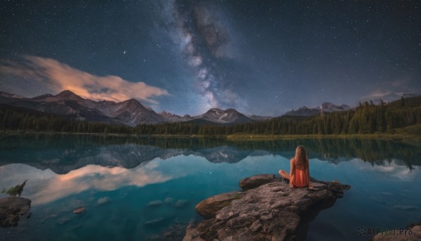 1girl, solo, long hair, brown hair, sitting, outdoors, sky, cloud, water, from behind, night, star (sky), night sky, scenery, starry sky, reflection, rock, mountain