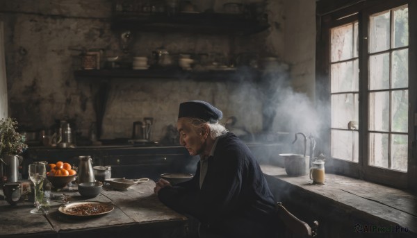 1girl,solo,short hair,long sleeves,1boy,hat,sitting,flower,male focus,food,indoors,from side,cup,window,profile,fruit,facial hair,table,plant,steam,beard,plate,smoke,bowl,potted plant,candle,old,old man,vase,orange (fruit),holding,dark skin,book,beret,bottle,drinking glass,realistic,kitchen