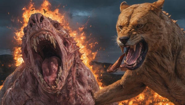 open mouth,brown eyes,outdoors,sky,teeth,tongue,tongue out,no humans,animal,fangs,fire,sharp teeth,claws,monster,realistic,battle,whiskers,breathing fire,kaijuu,night,smoke