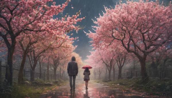 1girl, short hair, skirt, black hair, 1boy, holding, standing, jacket, boots, outdoors, sky, pants, bag, from behind, tree, dutch angle, umbrella, black pants, grass, cherry blossoms, scenery, walking, rain, holding umbrella, fence, puddle, red umbrella