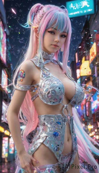 1girl,solo,long hair,breasts,looking at viewer,bangs,large breasts,navel,cleavage,bare shoulders,jewelry,medium breasts,very long hair,blue hair,ponytail,pink hair,multicolored hair,cowboy shot,earrings,nail polish,blurry,two-tone hair,lips,night,blurry background,revealing clothes,armlet,realistic,closed mouth,underwear,outdoors,hand on hip