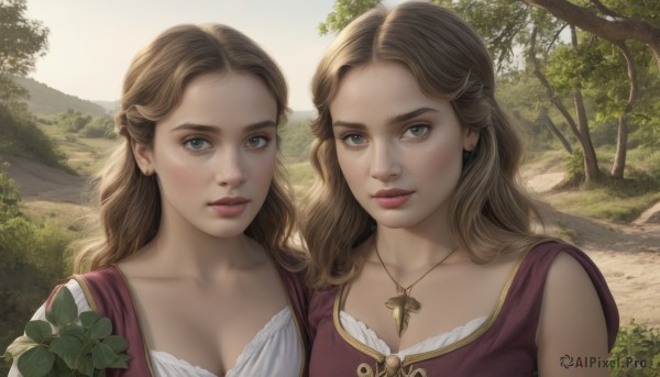 long hair,breasts,looking at viewer,blue eyes,multiple girls,blonde hair,brown hair,shirt,dress,2girls,cleavage,jewelry,medium breasts,collarbone,upper body,outdoors,parted lips,day,necklace,tree,lips,grey eyes,siblings,wavy hair,grass,sisters,nature,twins,realistic,nose,clover,earrings,sunlight,forest