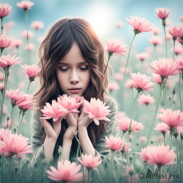 1girl,solo,long hair,brown hair,holding,closed eyes,upper body,flower,outdoors,day,blurry,lips,hands up,depth of field,blurry background,looking down,pink flower,realistic,nose,holding flower,lotus,tulip,sky,eyelashes,watermark,web address,field