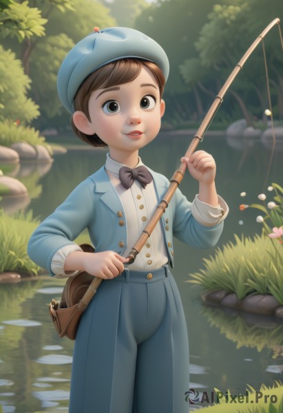 1girl,solo,looking at viewer,short hair,brown hair,shirt,long sleeves,hat,bow,holding,brown eyes,standing,jacket,white shirt,flower,outdoors,parted lips,day,pants,bowtie,water,bag,tree,black bow,grass,blue jacket,child,nature,androgynous,blue headwear,forest,black bowtie,rock,blue pants,male child,river,fishing rod,pond,stream,smile,1boy,male focus,teeth,black eyes,formal,suit,lily pad