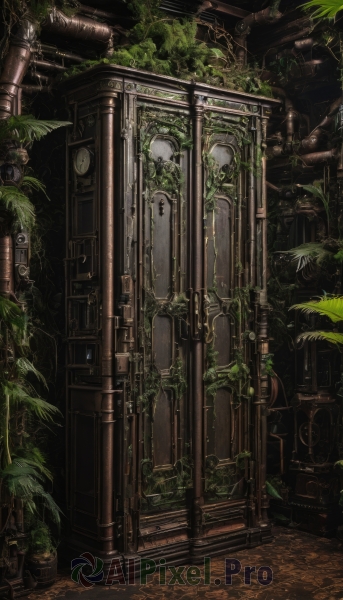 indoors,no humans,leaf,plant,scenery,stairs,door,clock,potted plant,ruins,vines,pillar,arch,moss,overgrown,tree,fantasy,statue