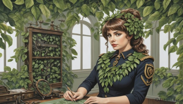 1girl,solo,long hair,breasts,bangs,brown hair,hair ornament,long sleeves,holding,brown eyes,upper body,ponytail,indoors,uniform,lips,military,window,military uniform,leaf,plant,desk,pen,writing,quill,looking at viewer,medium breasts,hair bun,book,single hair bun,epaulettes,nose