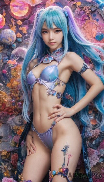 1girl,solo,long hair,breasts,looking at viewer,smile,bangs,blue eyes,hair ornament,navel,bare shoulders,twintails,jewelry,medium breasts,blue hair,standing,swimsuit,flower,bikini,cowboy shot,small breasts,armpits,nail polish,two side up,lips,hand on hip,thigh strap,gem,armlet,realistic,bikini armor,very long hair,tattoo,ring