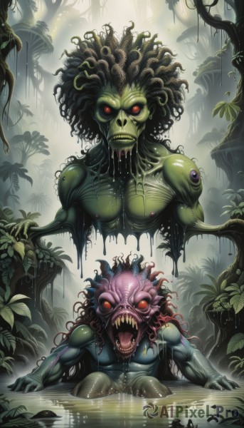 looking at viewer,open mouth,red eyes,1boy,male focus,teeth,artist name,water,tree,wet,no humans,glowing,colored skin,leaf,fangs,plant,sharp teeth,nature,glowing eyes,forest,partially submerged,colored sclera,monster,green skin,extra eyes,horror (theme),solo,black hair,nipples,muscular,monster girl,slime (substance),extra mouth,eldritch abomination