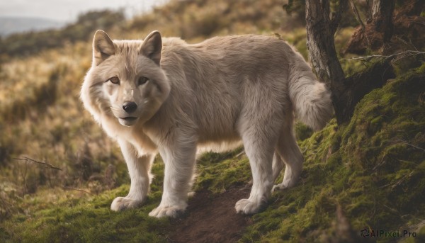 looking at viewer,brown eyes,full body,outdoors,day,signature,blurry,tree,no humans,depth of field,blurry background,animal,grass,nature,realistic,animal focus,scenery,forest