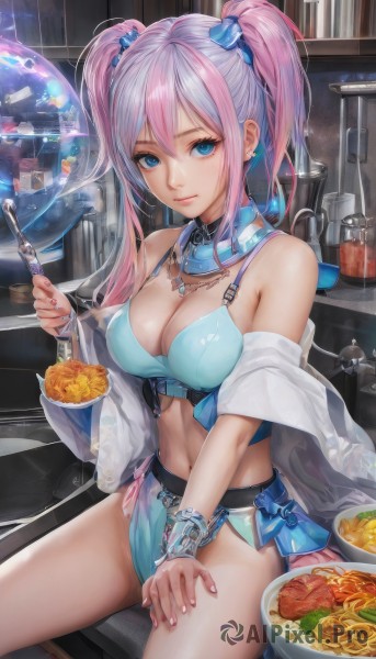 1girl,solo,long hair,breasts,looking at viewer,smile,bangs,blue eyes,large breasts,hair ornament,navel,holding,cleavage,hair between eyes,bare shoulders,twintails,jewelry,sitting,closed mouth,underwear,swimsuit,pink hair,sidelocks,bikini,thighs,multicolored hair,earrings,food,open clothes,midriff,indoors,necklace,off shoulder,stomach,nail polish,bra,bracelet,two-tone hair,lips,crop top,fingernails,detached collar,scrunchie,blue bikini,pink nails,hair scrunchie,spoon,fork,hand on own thigh,noodles,pasta,spaghetti,medium breasts,heart,belt,streaked hair,chain,watermark,piercing,ear piercing,bowl,realistic,blue bra,shelf,ladle,kitchen,jar,stove