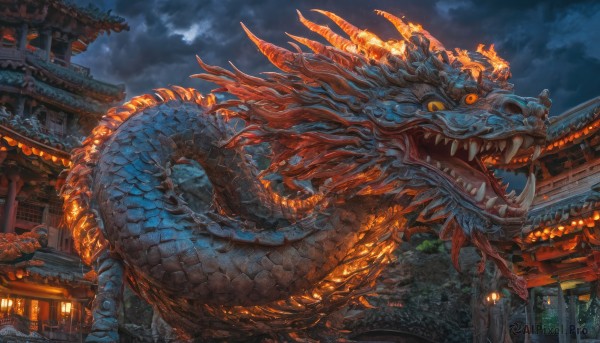 open mouth,yellow eyes,outdoors,horns,sky,teeth,cloud,tree,no humans,night,glowing,fangs,cloudy sky,sharp teeth,building,night sky,scenery,monster,lantern,fantasy,dragon,scales,architecture,east asian architecture,eastern dragon,orange eyes,fire