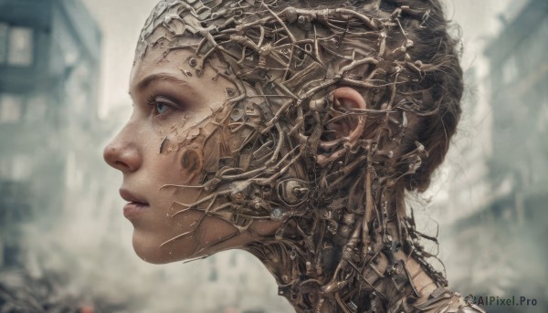 1girl,solo,short hair,blue eyes,brown hair,closed mouth,blurry,from side,lips,eyelashes,profile,depth of field,blurry background,building,portrait,science fiction,realistic,nose,cable,cyborg,cyberpunk,black hair,outdoors,parted lips,makeup,headgear,looking away,helmet,robot,close-up,android,looking afar