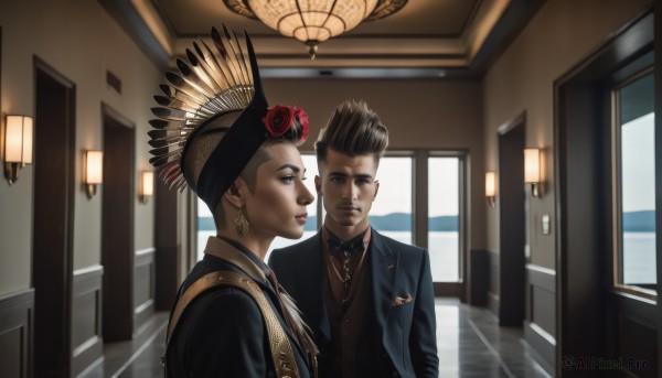 1girl,short hair,blue eyes,brown hair,shirt,black hair,1boy,hat,brown eyes,jewelry,closed mouth,jacket,upper body,flower,earrings,multiple boys,necktie,collared shirt,indoors,2boys,looking at another,black eyes,vest,lips,black jacket,window,rose,parody,formal,suit,blue jacket,red flower,eye contact,reflection,realistic,door,headdress,red hair,parted lips,dark skin,necklace,profile,brown shirt,mohawk