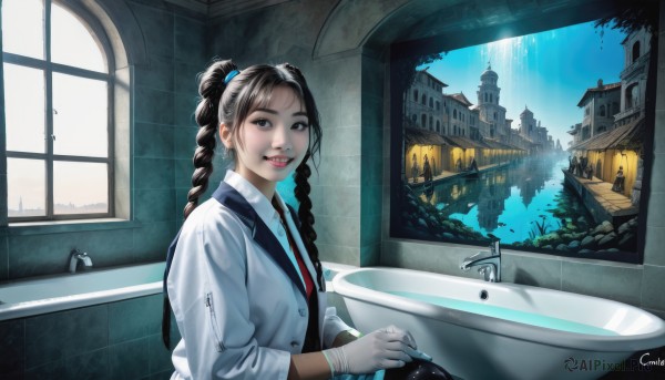 1girl,solo,long hair,looking at viewer,smile,brown hair,shirt,black hair,gloves,jewelry,sitting,jacket,white shirt,upper body,braid,earrings,parted lips,necktie,teeth,day,collared shirt,artist name,indoors,white gloves,water,black eyes,twin braids,bracelet,lips,window,watermark,red necktie,building,sleeves rolled up,realistic,labcoat,bathtub,brown eyes,signature,coat,piercing,sunlight,ear piercing,scenery,nose,sink