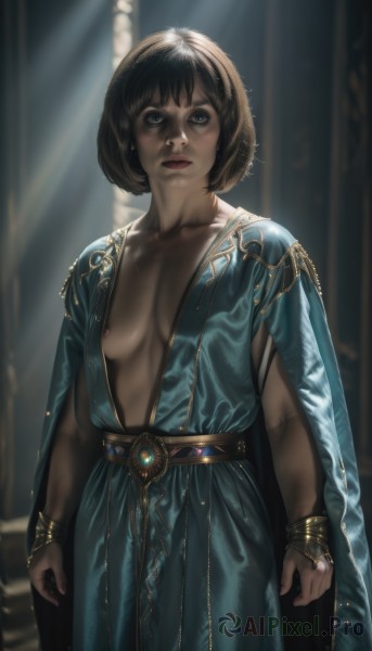 1girl,solo,breasts,looking at viewer,short hair,bangs,blue eyes,brown hair,black hair,dress,jewelry,medium breasts,closed mouth,nipples,standing,collarbone,cowboy shot,small breasts,belt,artist name,cape,blurry,bracelet,lips,looking to the side,no bra,blurry background,blue dress,looking away,sunlight,ring,gem,breasts apart,areola slip,clenched hands,gold trim,light rays,realistic,nose,arms at sides,nipple slip,cleavage,makeup,green dress,plunging neckline