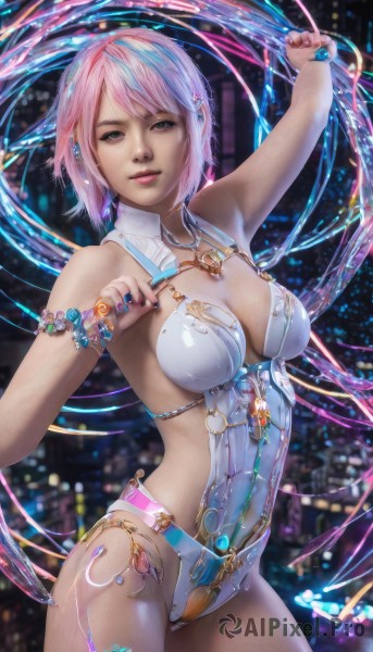 1girl,solo,breasts,looking at viewer,smile,short hair,bangs,blue eyes,large breasts,cleavage,jewelry,medium breasts,pink hair,cowboy shot,earrings,parted lips,necklace,nail polish,blurry,bracelet,leotard,lips,blurry background,ring,realistic,bare shoulders,green eyes,standing,swimsuit,artist name,armpits,water,mole,arm up,watermark,piercing,gem,revealing clothes,armlet,mole on breast,white leotard,whip