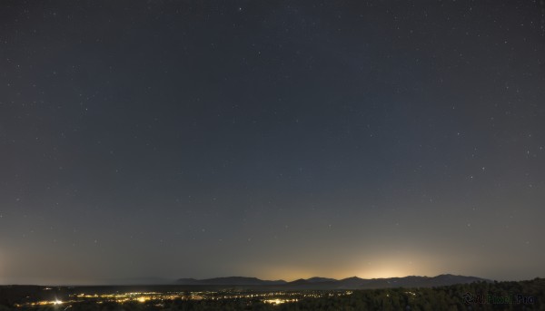 outdoors,sky,tree,no humans,night,star (sky),nature,night sky,scenery,forest,starry sky,mountain,river,landscape,mountainous horizon,city lights,hill,horizon,field