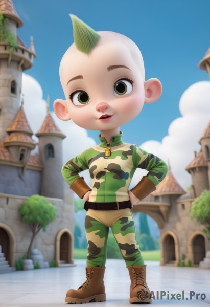 1girl,solo,looking at viewer,1boy,green eyes,standing,full body,yellow eyes,male focus,boots,outdoors,green hair,sky,day,belt,pants,cloud,tree,blue sky,leaf,building,furry,zipper,hands on hips,furry female,furry male,bald,camouflage,smile,open mouth,teeth,brown footwear,plant