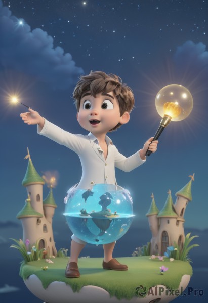 solo,smile,short hair,open mouth,brown hair,shirt,1boy,holding,brown eyes,standing,full body,white shirt,flower,male focus,outdoors,sky,shoes,teeth,cloud,night,thick eyebrows,grass,building,child,star (sky),night sky,starry sky,wand,male child,fireworks,castle,watermark,brown footwear,fantasy,magic,holding wand,constellation