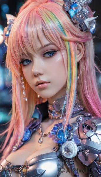 1girl,solo,long hair,breasts,looking at viewer,bangs,blue eyes,blonde hair,hair ornament,cleavage,jewelry,medium breasts,upper body,pink hair,multicolored hair,earrings,necklace,armor,blurry,lips,streaked hair,eyelashes,makeup,headgear,gem,portrait,realistic,nose,large breasts,science fiction