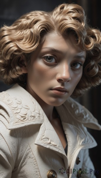 1girl,solo,looking at viewer,short hair,blonde hair,brown eyes,closed mouth,jacket,upper body,blurry,lips,coat,eyelashes,buttons,blurry background,portrait,freckles,curly hair,realistic,nose,brown hair,watermark,expressionless,web address