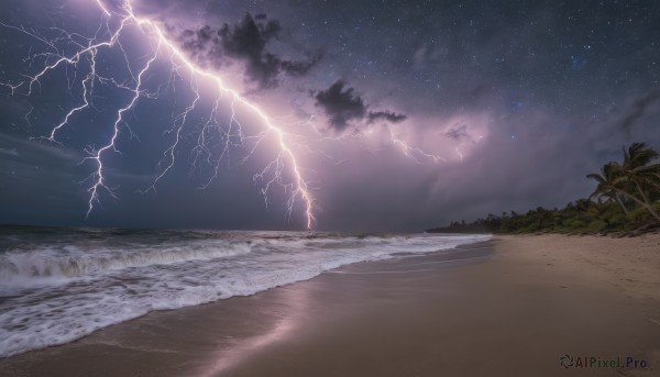 outdoors, sky, cloud, signature, water, tree, no humans, night, ocean, beach, cloudy sky, star (sky), night sky, scenery, starry sky, sand, palm tree, horizon, electricity, waves, lightning, shore