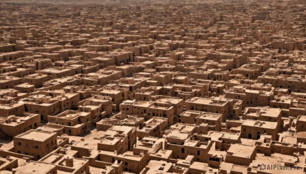 monochrome,outdoors,no humans,from above,traditional media,building,scenery,city,cityscape,sepia,brown theme,sand,road,skyscraper