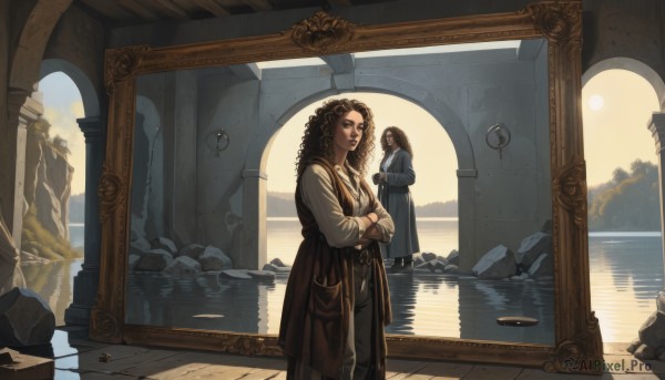 1girl,long hair,looking at viewer,multiple girls,brown hair,shirt,long sleeves,dress,2girls,brown eyes,closed mouth,standing,white shirt,pants,cloud,indoors,water,vest,lips,blue dress,crossed arms,sunlight,own hands together,scenery,reflection,curly hair,rock,mirror,sun,pillar,skirt,black hair,jewelry,painting (object)