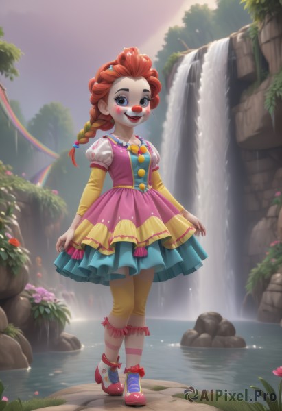 1girl,solo,long hair,breasts,looking at viewer,blush,smile,open mouth,blue eyes,skirt,hair ornament,long sleeves,dress,standing,collarbone,full body,braid,flower,short sleeves,:d,red hair,multicolored hair,small breasts,outdoors,frills,sky,shoes,teeth,day,striped,puffy sleeves,pants,artist name,water,orange hair,black eyes,tree,puffy short sleeves,single braid,makeup,watermark,happy,sunlight,grass,plant,nature,web address,multicolored clothes,pink flower,freckles,rock,female child,facepaint,layered sleeves,short over long sleeves,rainbow,multicolored dress,waterfall,colorful,multicolored legwear,multicolored shirt,clown,multicolored stripes,bow,jewelry,hair bow,socks,necklace,twin braids,facial mark,juliet sleeves,walking,footwear bow