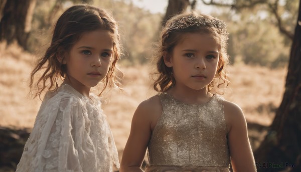 long hair,looking at viewer,short hair,multiple girls,blonde hair,brown hair,dress,2girls,bare shoulders,brown eyes,jewelry,closed mouth,upper body,earrings,outdoors,sleeveless,day,medium hair,white dress,blurry,tree,lips,depth of field,blurry background,wavy hair,expressionless,curly hair,realistic,head wreath,sunlight,child