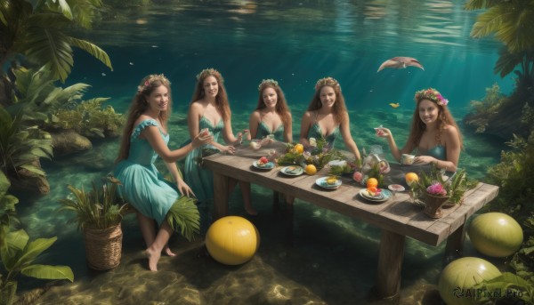 long hair,breasts,smile,multiple girls,brown hair,hair ornament,1boy,dress,holding,cleavage,bare shoulders,jewelry,medium breasts,sitting,closed eyes,flower,outdoors,food,barefoot,hair flower,water,tree,cup,strapless,4girls,fruit,blue dress,bird,leaf,table,sunlight,5girls,plant,nature,strapless dress,plate,forest,green dress,light rays,realistic,apple,basket,head wreath,egg,grapes,lemon,flower wreath,salad,pineapple,open mouth,braid,knife,monster girl,fish,bowl,underwater,mermaid,fine art parody,aqua dress,cutting board