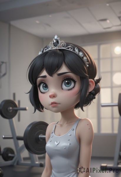 1girl,solo,breasts,blush,short hair,bangs,blue eyes,black hair,dress,bare shoulders,collarbone,upper body,small breasts,parted lips,sleeveless,artist name,indoors,hair bun,white dress,blurry,lips,blurry background,single hair bun,tank top,tiara,aged down,child,freckles,female child,gym,looking at viewer,jewelry,earrings,eyelashes,exercise,princess,weightlifting