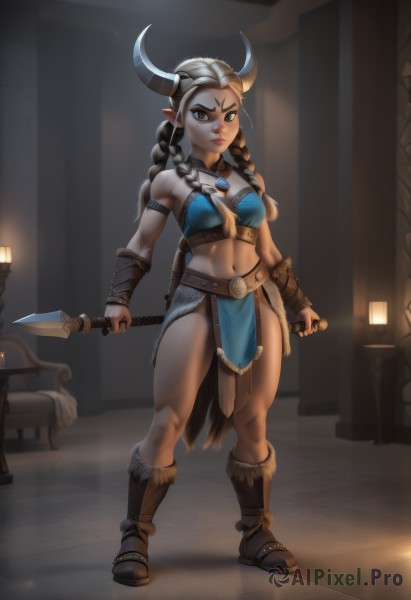 1girl,solo,long hair,breasts,looking at viewer,black hair,navel,holding,cleavage,bare shoulders,brown eyes,jewelry,medium breasts,closed mouth,green eyes,standing,full body,weapon,braid,white hair,boots,horns,pointy ears,midriff,belt,artist name,indoors,signature,holding weapon,twin braids,muscular,facial mark,brown footwear,abs,knife,pelvic curtain,colored sclera,toned,forehead mark,muscular female,horn ornament,bracer,dagger,facepaint,facial tattoo,hooves,grey hair,thighs,lips,dual wielding,fake horns,leather,tribal