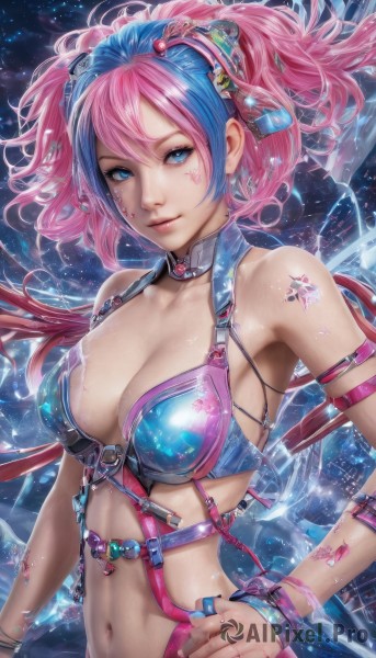 1girl,solo,breasts,looking at viewer,smile,short hair,bangs,blue eyes,large breasts,hair ornament,navel,cleavage,hair between eyes,bare shoulders,twintails,jewelry,medium breasts,closed mouth,blue hair,collarbone,swimsuit,upper body,pink hair,bikini,multicolored hair,earrings,parted lips,choker,midriff,shiny,artist name,signature,armpits,stomach,star (symbol),bracelet,two-tone hair,lips,hand on hip,shiny skin,eyelashes,tattoo,makeup,watermark,piercing,wristband,star (sky),pink lips,realistic,nose,long hair,collar,facial mark,ring,armband,web address