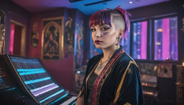 1girl,solo,breasts,looking at viewer,short hair,bangs,blue eyes,black hair,jewelry,jacket,upper body,purple hair,red hair,multicolored hair,earrings,indoors,necklace,blurry,two-tone hair,lips,black jacket,tattoo,makeup,blurry background,facial mark,piercing,lipstick,instrument,ear piercing,eyeshadow,nose,eyeliner,facial tattoo,purple lips,mascara,piano,k/da (league of legends),grand piano,blue hair,pink hair,signature,open jacket,very short hair,undercut,mohawk,neck tattoo,keyboard (instrument),nose piercing,lip piercing,eyebrow piercing