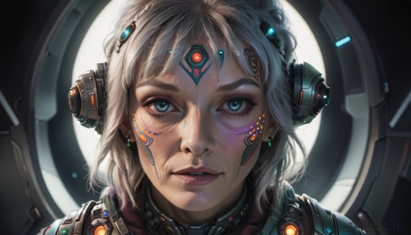 1girl,solo,looking at viewer,short hair,bangs,blue eyes,blonde hair,jewelry,white hair,earrings,parted lips,teeth,lips,eyelashes,makeup,headgear,facial mark,portrait,freckles,science fiction,realistic,nose,cyborg,cyberpunk,glowing,close-up,backlighting