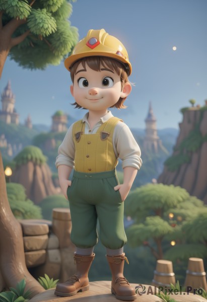 solo,looking at viewer,smile,short hair,brown hair,shirt,1boy,hat,brown eyes,closed mouth,standing,full body,white shirt,male focus,boots,outdoors,sky,day,pants,blurry,vest,tree,blue sky,blurry background,brown footwear,helmet,grass,child,hands in pockets,overalls,male child,yellow headwear,barrel,collared shirt,thick eyebrows,sleeves rolled up,castle,tree stump