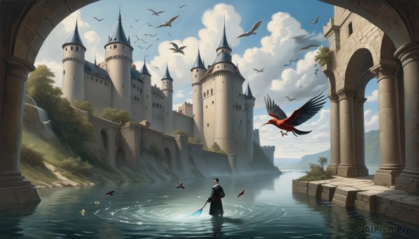 solo,black hair,1boy,holding,standing,weapon,male focus,outdoors,sky,day,sword,cloud,water,from behind,holding weapon,tree,blue sky,bird,animal,holding sword,cloudy sky,building,scenery,wading,reflection,robe,mountain,fantasy,facing away,architecture,pillar,castle,tower,arch,flock,short hair,ruins,bridge,waterfall,statue