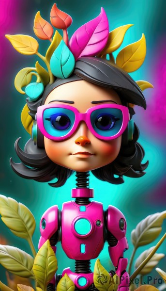 1girl,solo,looking at viewer,smile,short hair,blue eyes,black hair,upper body,flower,glasses,mole,lips,makeup,headphones,leaf,sunglasses,plant,robot,android,mechanical arms,tinted eyewear,cyborg,brown hair,hair ornament,hair flower,joints,robot joints,pink-framed eyewear,humanoid robot