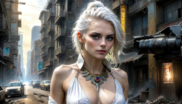 HQ,1girl,solo,breasts,looking at viewer,short hair,blue eyes,blonde hair,large breasts,dress,cleavage,bare shoulders,jewelry,medium breasts,collarbone,upper body,ponytail,white hair,sweat,earrings,outdoors,parted lips,sleeveless,day,necklace,white dress,mole,lips,wet,makeup,sleeveless dress,halterneck,sunlight,ground vehicle,building,gem,motor vehicle,freckles,city,realistic,nose,car,dirty,halter dress,hair ornament,sky,solo focus,areola slip,rain,mole on breast,camera,nipple slip,road,topknot