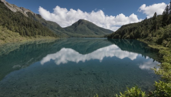 outdoors,sky,day,cloud,water,tree,blue sky,no humans,cloudy sky,grass,nature,scenery,forest,reflection,mountain,river,landscape,mountainous horizon,lake,reflective water