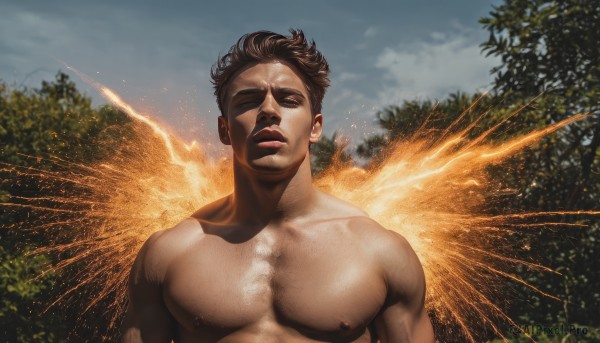 solo,short hair,brown hair,black hair,1boy,nipples,closed eyes,upper body,male focus,nude,outdoors,parted lips,wings,sky,day,cloud,tree,lips,muscular,thick eyebrows,pectorals,muscular male,nature,bara,forest,large pectorals,realistic,manly,closed mouth,artist name,facial hair,chest hair