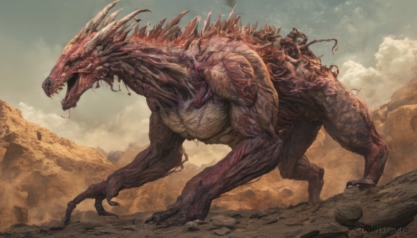 open mouth,tail,outdoors,horns,sky,teeth,day,cloud,armor,no humans,cloudy sky,sharp teeth,claws,monster,fantasy,dragon,riding,giant,desert,dust,dinosaur,solo,standing,tongue,from side,saliva,spikes,rock,mountain