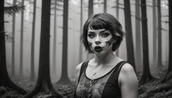 1girl,solo,breasts,looking at viewer,short hair,bangs,bare shoulders,jewelry,collarbone,monochrome,upper body,greyscale,earrings,outdoors,sleeveless,blunt bangs,necklace,mole,blurry,tree,lips,eyelashes,mole under eye,tattoo,makeup,facial mark,tank top,lipstick,nature,pendant,forest,freckles,realistic,nose,medium breasts,facepaint,bamboo forest