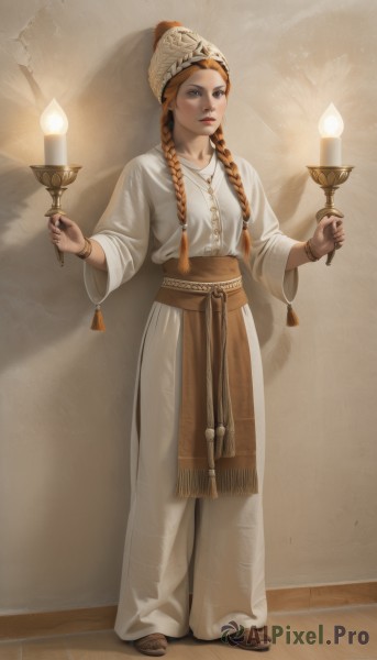 1girl,solo,long hair,looking at viewer,blue eyes,brown hair,long sleeves,hat,holding,brown eyes,jewelry,closed mouth,standing,full body,braid,barefoot,necklace,orange hair,twin braids,bracelet,sash,toes,robe,realistic,candle,traditional clothes,multiple braids,blonde hair,indoors,lips,white headwear,freckles,toenails,white robe,torch