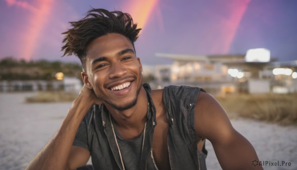 solo,looking at viewer,smile,open mouth,brown hair,shirt,black hair,1boy,brown eyes,jacket,upper body,male focus,outdoors,teeth,sleeveless,dark skin,grin,blurry,vest,sleeveless shirt,depth of field,blurry background,facial hair,dark-skinned male,beard,realistic,sleeveless jacket,photo background,arm hair,hand on own neck,short hair,jewelry,tank top